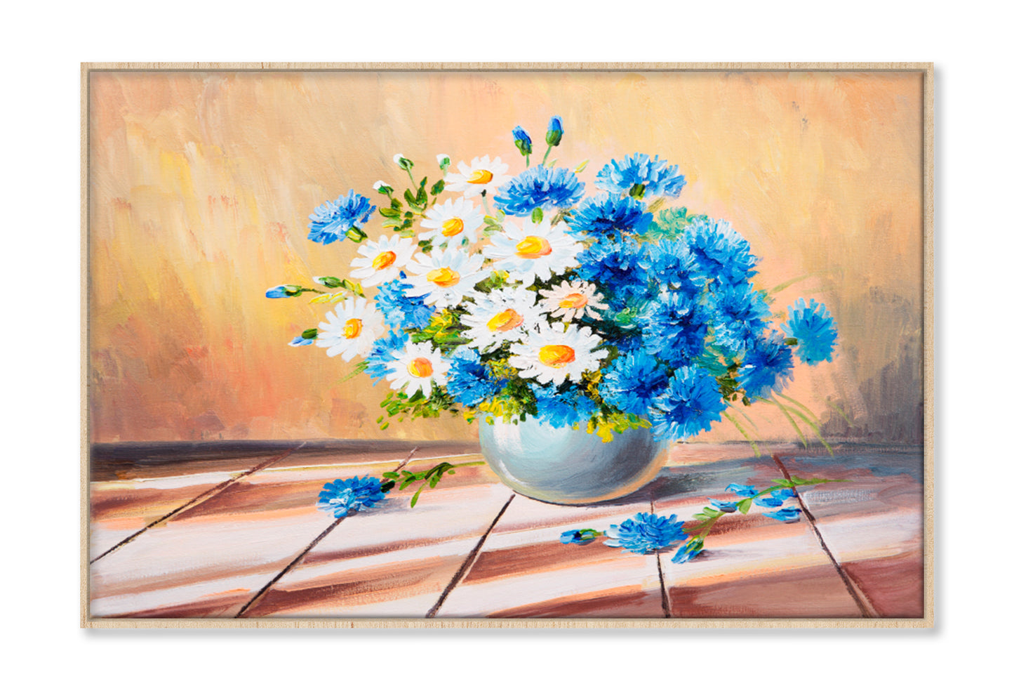 Bouquet of Flowers On A Wooden Table Oil Painting Wall Art Limited Edition High Quality Print Canvas Box Framed Natural