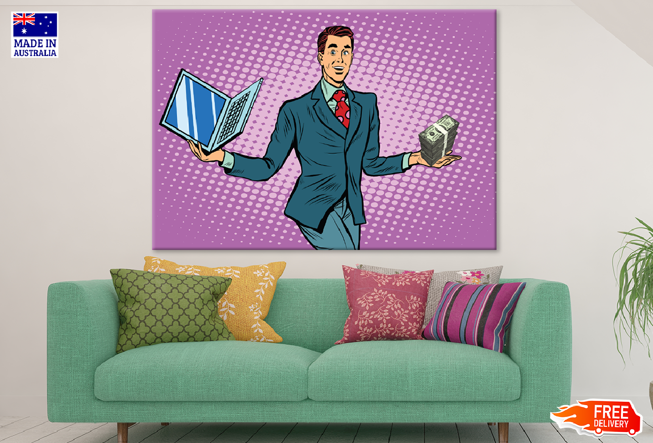 Man with Money & laptop on Hands Illustration Print 100% Australian Made