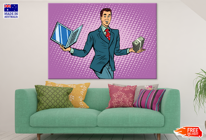 Man with Money & laptop on Hands Illustration Print 100% Australian Made