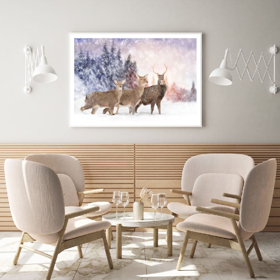 Deers in Snow Forest Photograph Home Decor Premium Quality Poster Print Choose Your Sizes