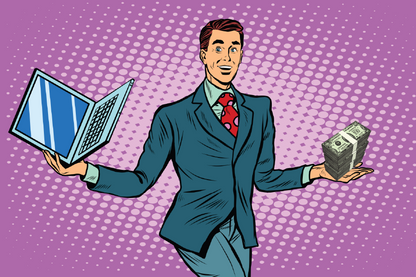 Man with Money & laptop on Hands Illustration Print 100% Australian Made