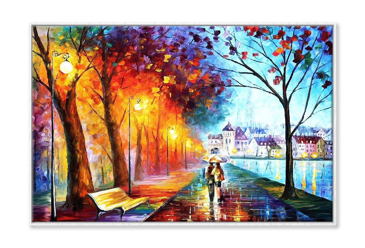 Afremov City Couple near River Trees Park Painting Wall Art Limited Edition High Quality Print Canvas Box Framed White