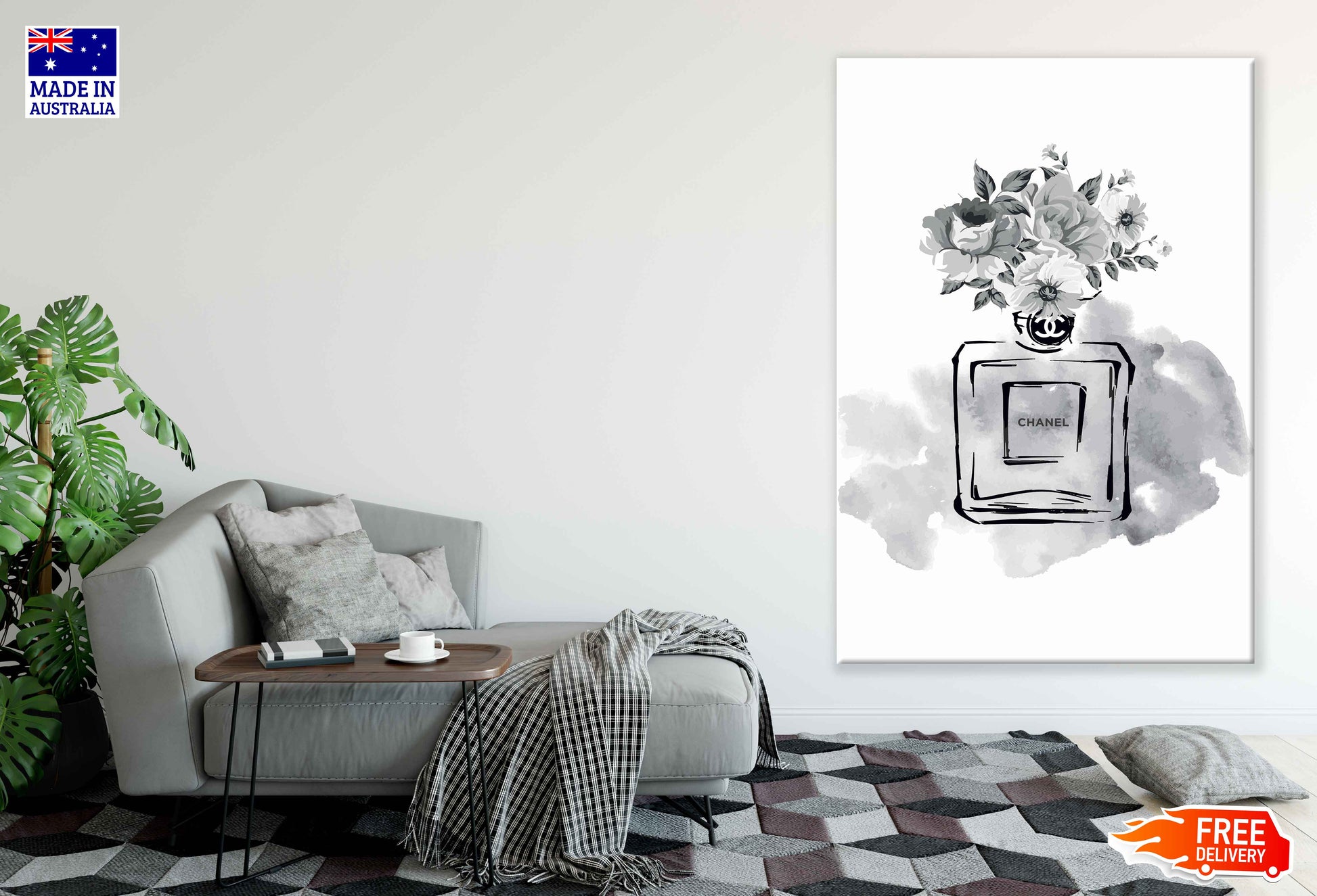 Perfume Bottle & Flowers B&W Watercolor Painting Print 100% Australian Made