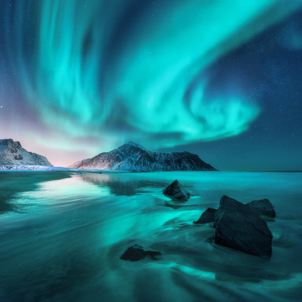 Square Canvas Aurora Sea with Sky Mountains Photograph High Quality Print 100% Australian Made