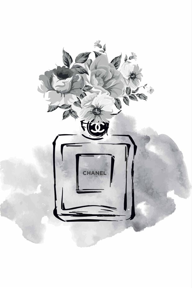 Perfume Bottle & Flowers B&W Watercolor Painting Print 100% Australian Made