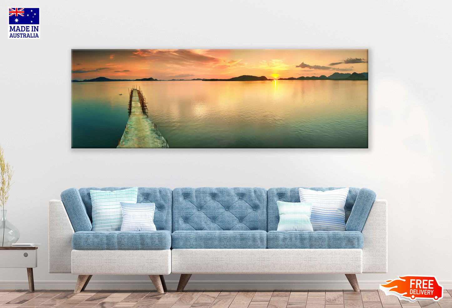 Panoramic Canvas Pier on Lake Sunset View Photograph High Quality 100% Australian Made Wall Canvas Print Ready to Hang