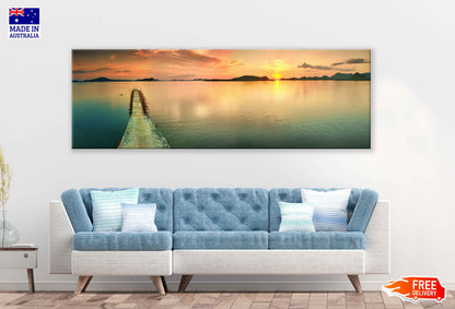 Panoramic Canvas Pier on Lake Sunset View Photograph High Quality 100% Australian Made Wall Canvas Print Ready to Hang