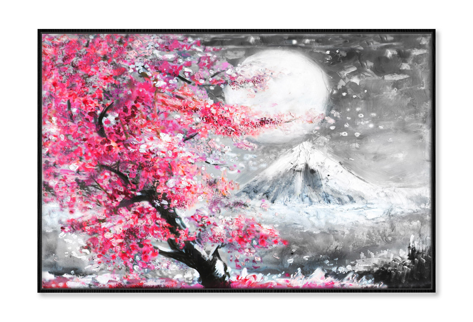 Blossom Pink Trees near Snow Mountain Painting Wall Art Limited Edition High Quality Print Canvas Box Framed Black