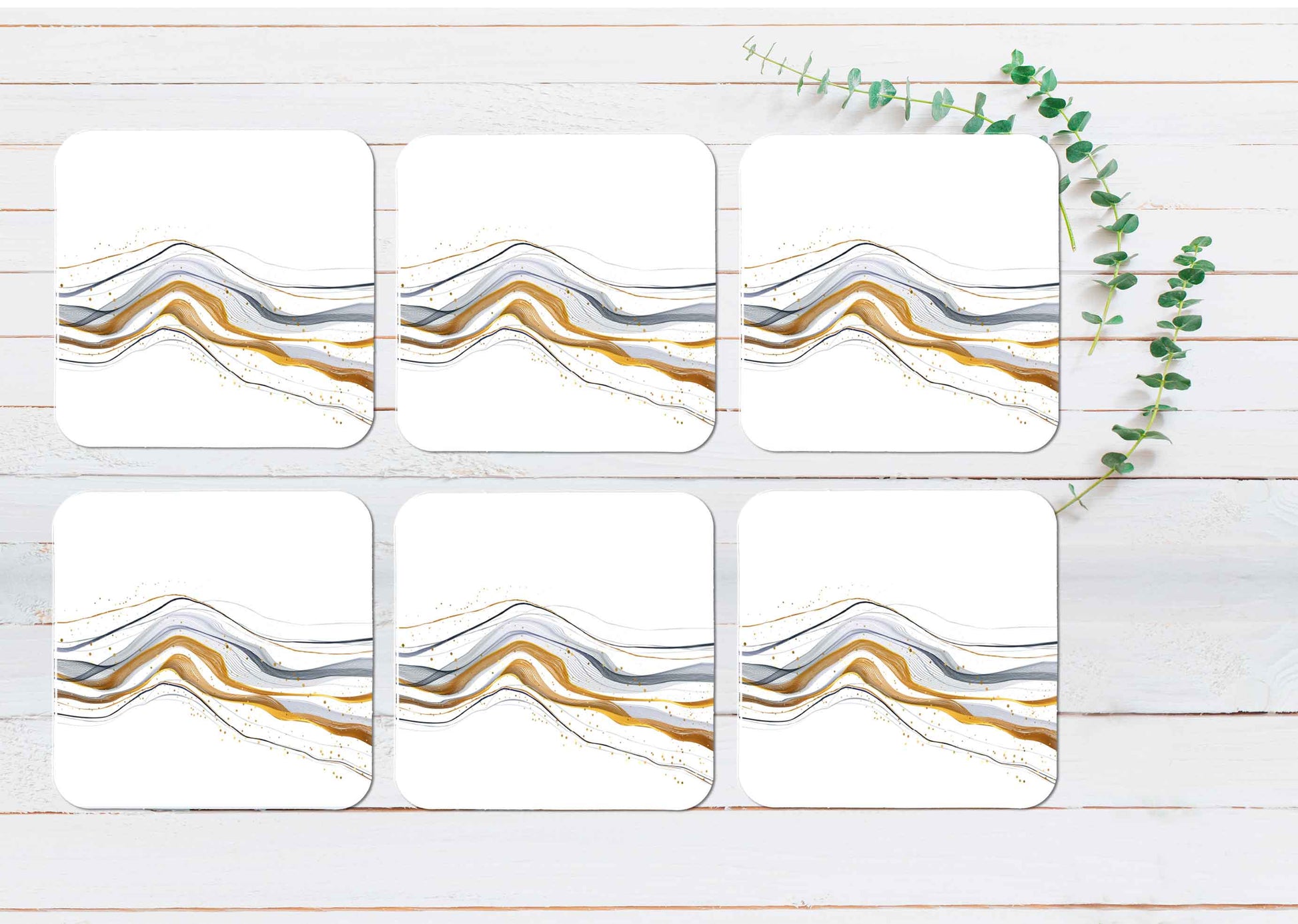 Gold & White Line Abstract Coasters Wood & Rubber - Set of 6 Coasters