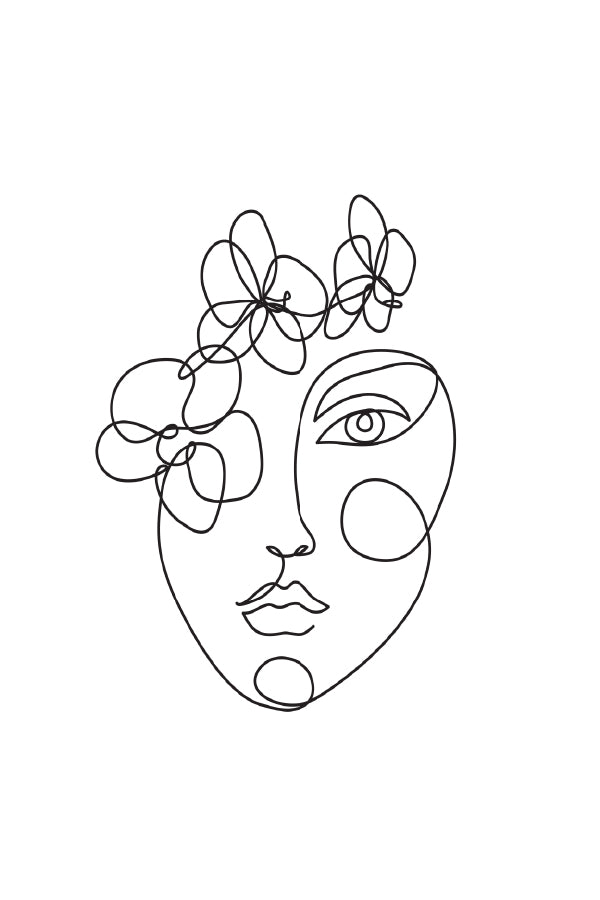 Flowees With Woman Face B&W Line Art Design Print 100% Australian Made