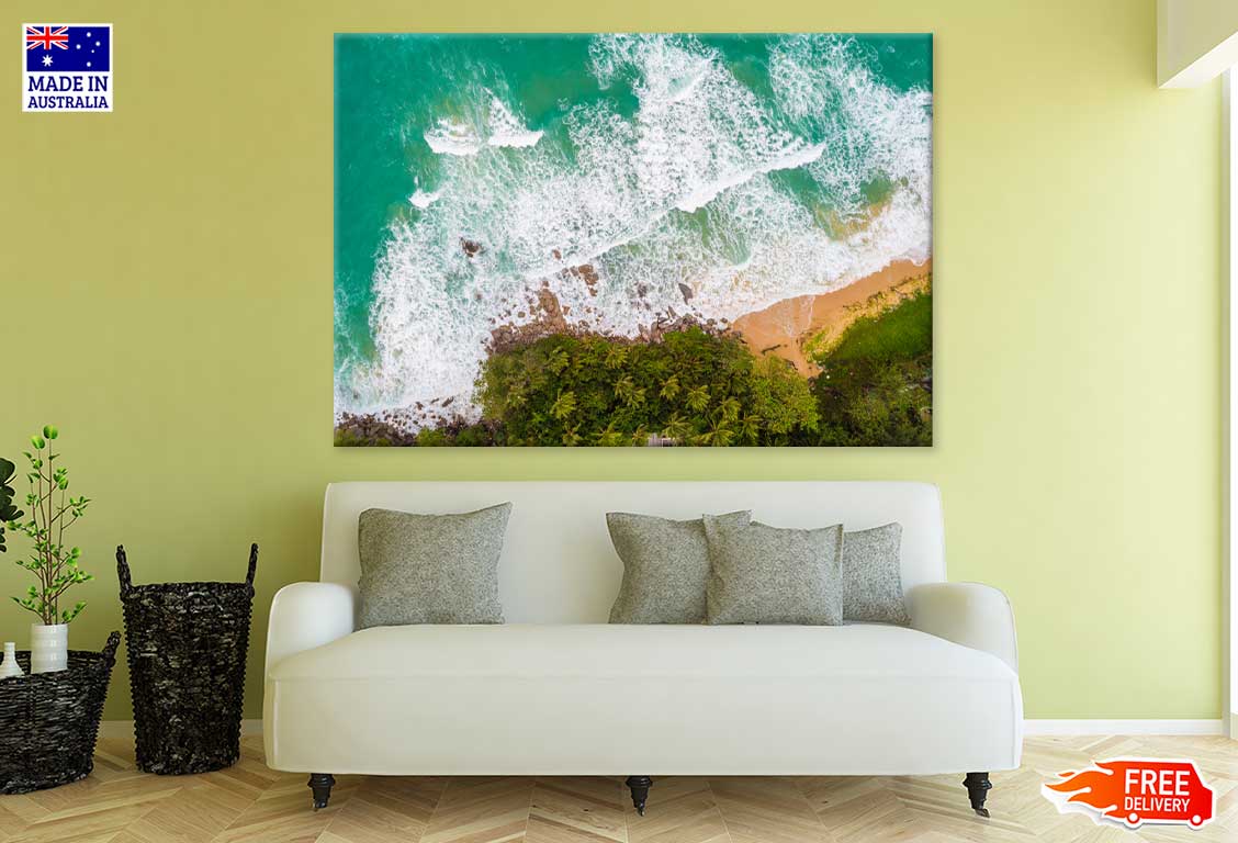Sea Wave on Rocks & Trees Aerial View Print 100% Australian Made