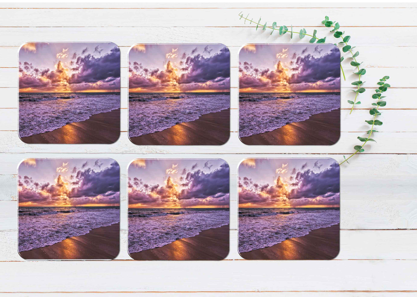 Cloudy Sunset Sky & Sandy Seawaves Coasters Wood & Rubber - Set of 6 Coasters