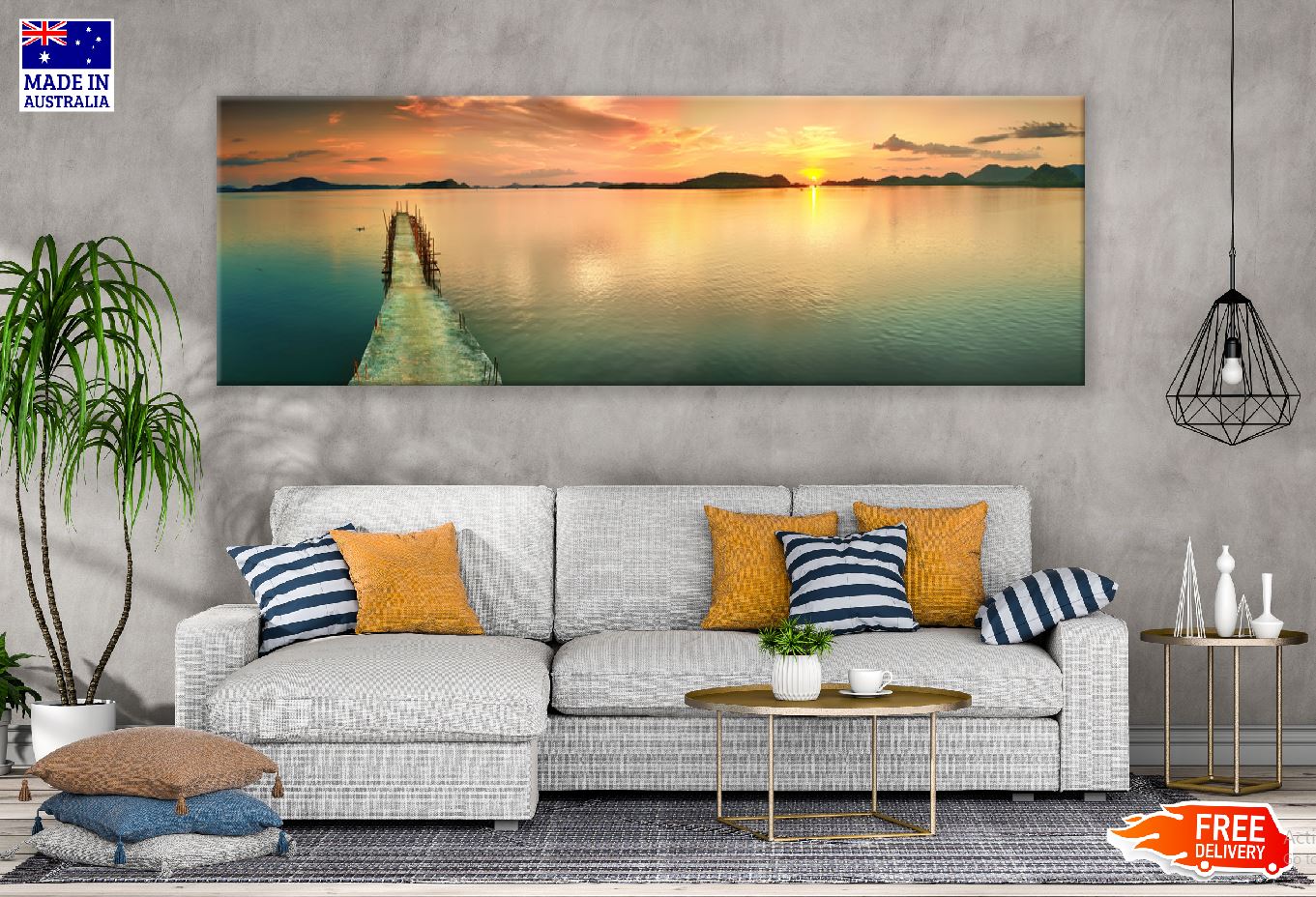 Panoramic Canvas Pier on Lake Sunset View Photograph High Quality 100% Australian Made Wall Canvas Print Ready to Hang