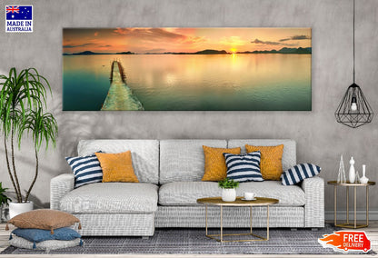 Panoramic Canvas Pier on Lake Sunset View Photograph High Quality 100% Australian Made Wall Canvas Print Ready to Hang