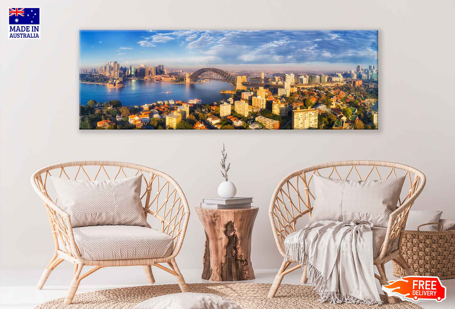 Panoramic Canvas Sydney Harbour View With Sky High Quality 100% Australian Made Wall Canvas Print Ready to Hang