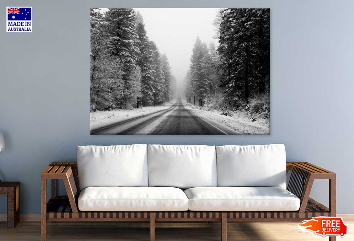 Road Covered with Snow Trees B&W Photograph Print 100% Australian Made