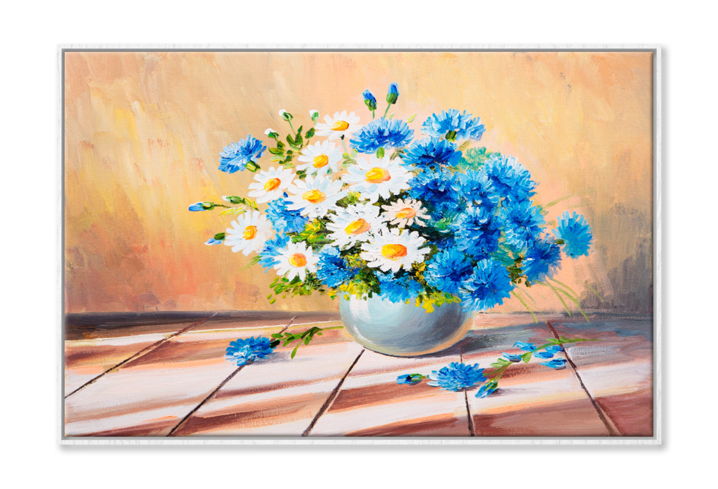 Bouquet of Flowers On A Wooden Table Oil Painting Wall Art Limited Edition High Quality Print Canvas Box Framed White