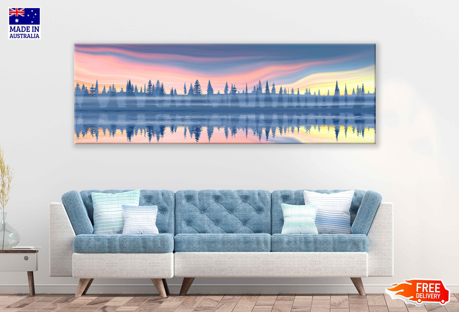 Panoramic Canvas Forest Lake Vector Illustration High Quality 100% Australian Made Wall Canvas Print Ready to Hang