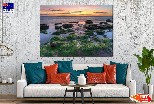 Mossy Rocks on Sea Sunset View Photograph Print 100% Australian Made