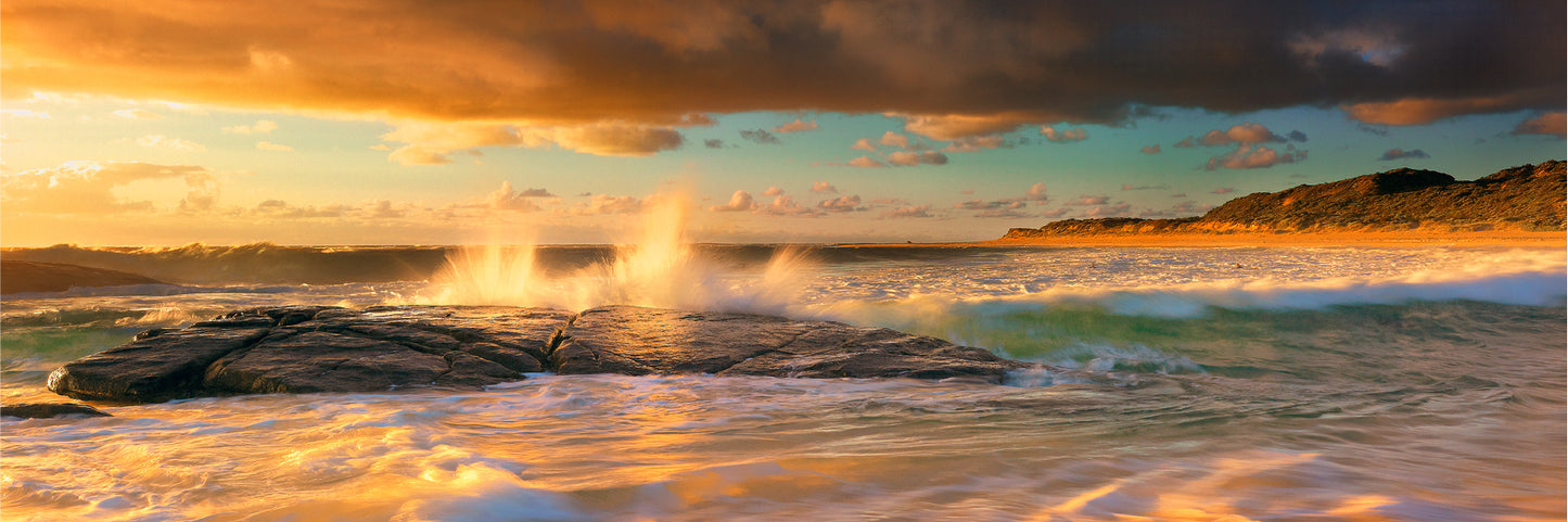 Panoramic Canvas Sea Waves on Rock View Photograph High Quality 100% Australian Made Wall Canvas Print Ready to Hang