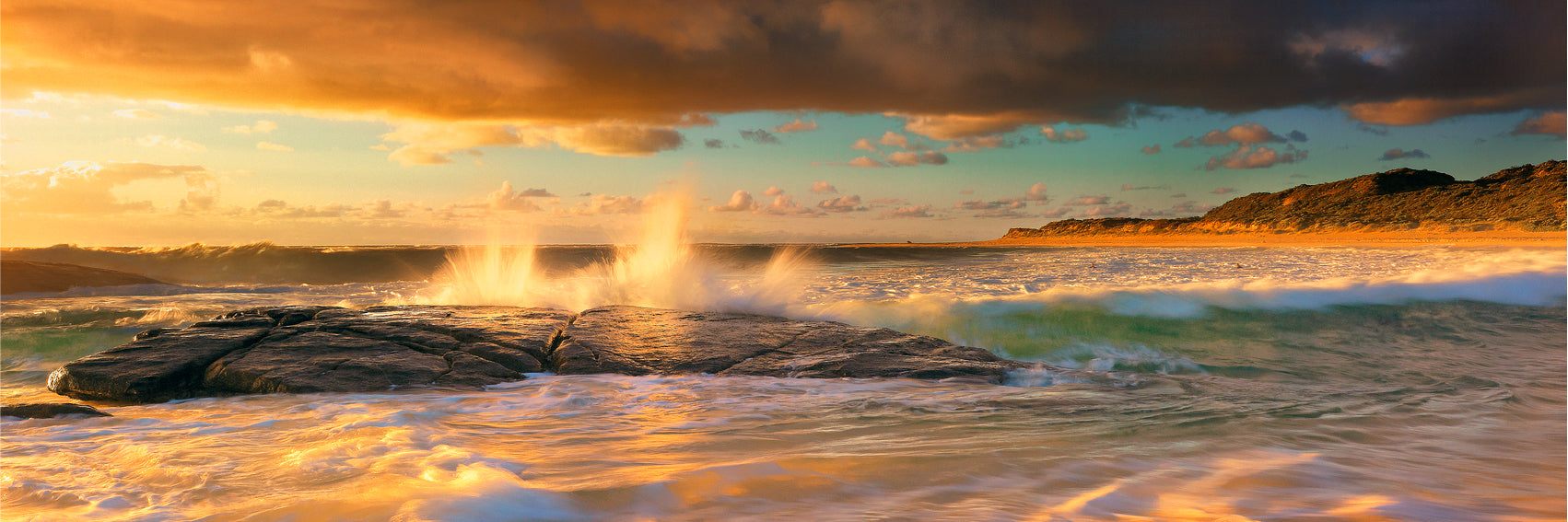 Panoramic Canvas Sea Waves on Rock View Photograph High Quality 100% Australian Made Wall Canvas Print Ready to Hang