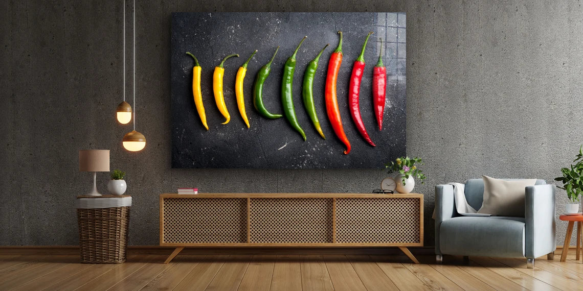 Yellow Green Red Pepper Print Tempered Glass Wall Art 100% Made in Australia Ready to Hang