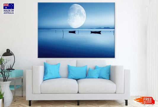 Full Moon View on Lake with Boats Photograph Print 100% Australian Made