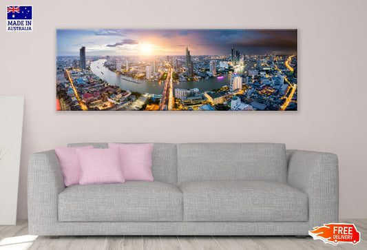 Panoramic Canvas Bangkok Downtown Aerial Sunset View High Quality 100% Australian Made Wall Canvas Print Ready to Hang