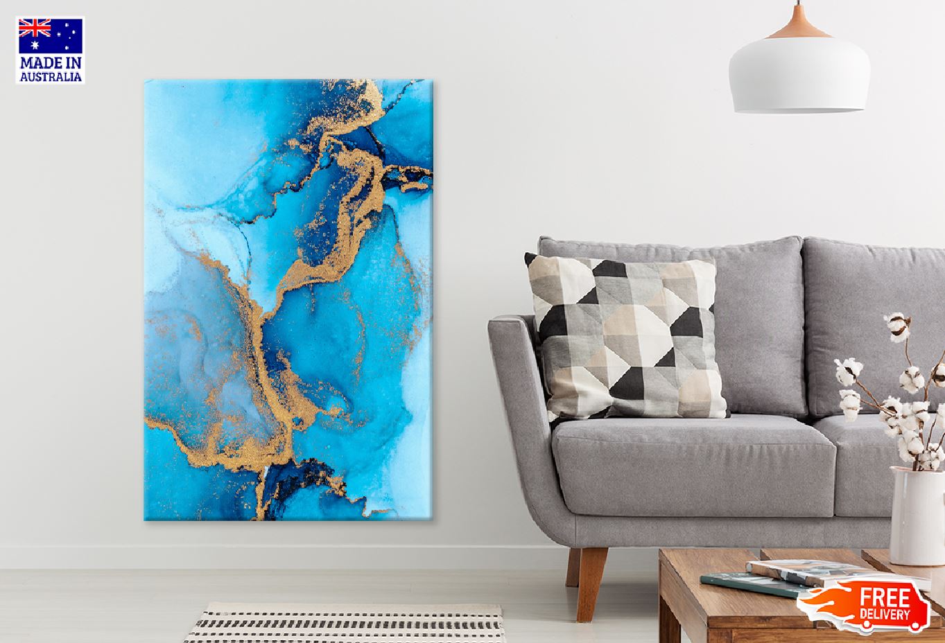 Blue & Gold Lines Marble Abstract Design Print 100% Australian Made
