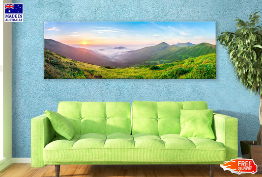 Panoramic Canvas Grass Field Sunrise View Photograph High Quality 100% Australian Made Wall Canvas Print Ready to Hang