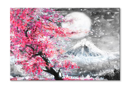 Blossom Pink Trees near Snow Mountain Painting Wall Art Limited Edition High Quality Print Stretched Canvas None