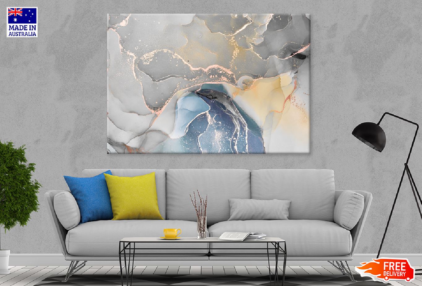 Grey Blue & Gold Abstract Design Print 100% Australian Made