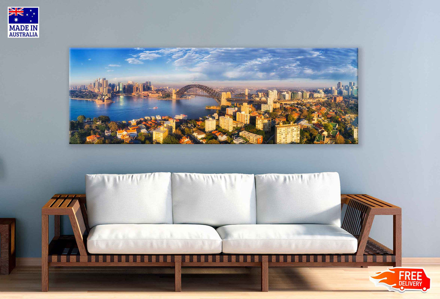 Panoramic Canvas Sydney Harbour View With Sky High Quality 100% Australian Made Wall Canvas Print Ready to Hang