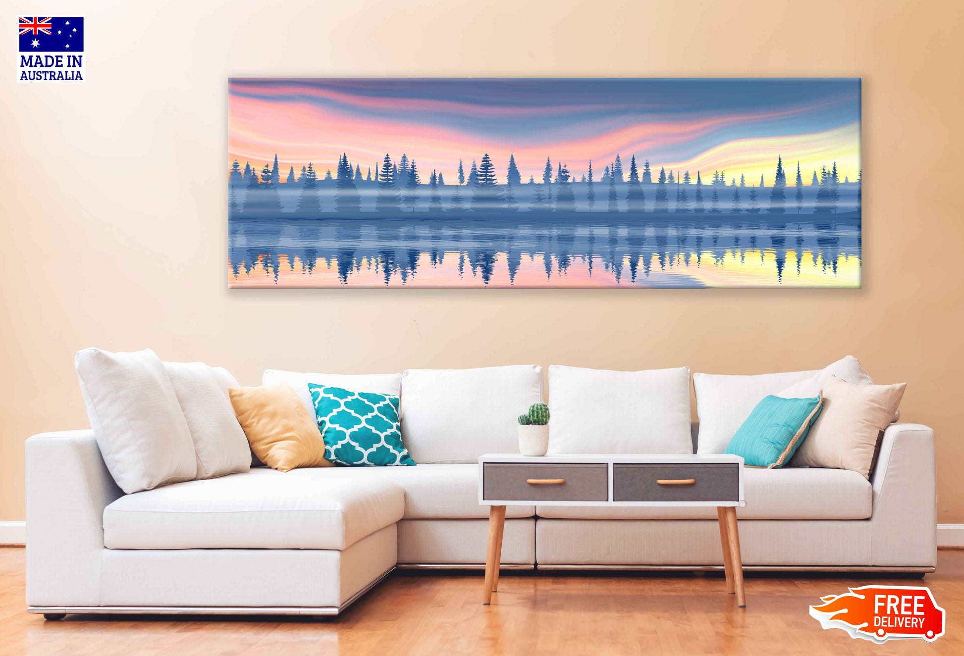 Panoramic Canvas Forest Lake Vector Illustration High Quality 100% Australian Made Wall Canvas Print Ready to Hang