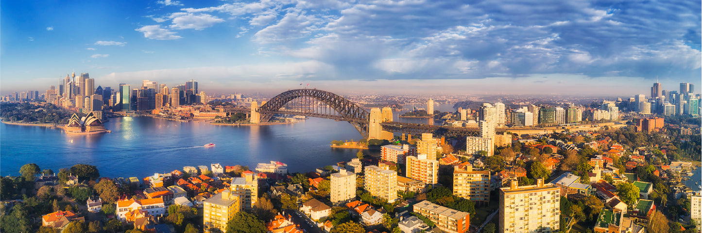 Panoramic Canvas Sydney Harbour View With Sky High Quality 100% Australian Made Wall Canvas Print Ready to Hang