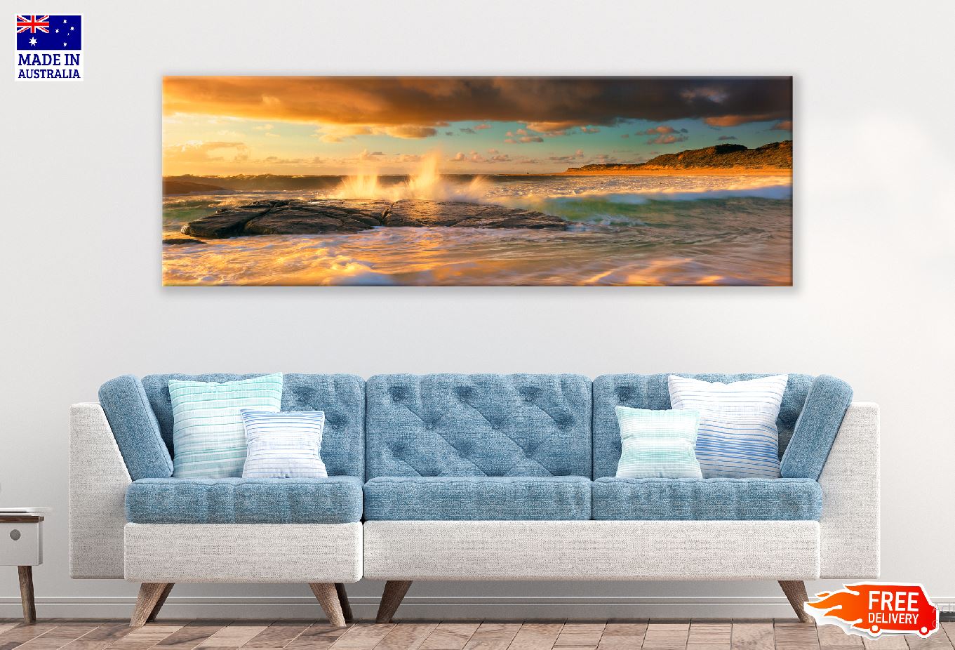 Panoramic Canvas Sea Waves on Rock View Photograph High Quality 100% Australian Made Wall Canvas Print Ready to Hang