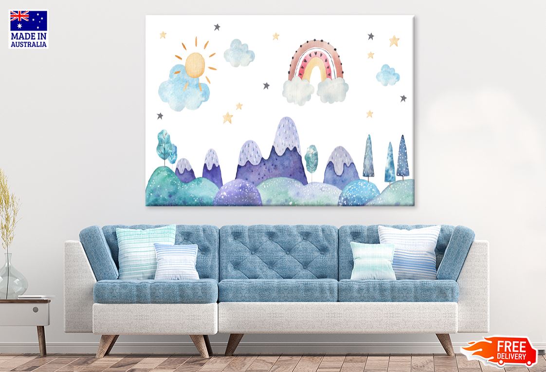 Mountains Sky & Sun with Stars Watercolor Painting Nursery & Kids Print 100% Australian Made