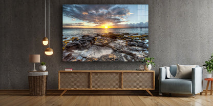 Rocks near Sea Sunset Print Tempered Glass Wall Art 100% Made in Australia Ready to Hang