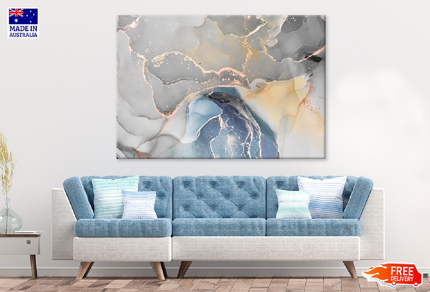 Grey Blue & Gold Abstract Design Print 100% Australian Made