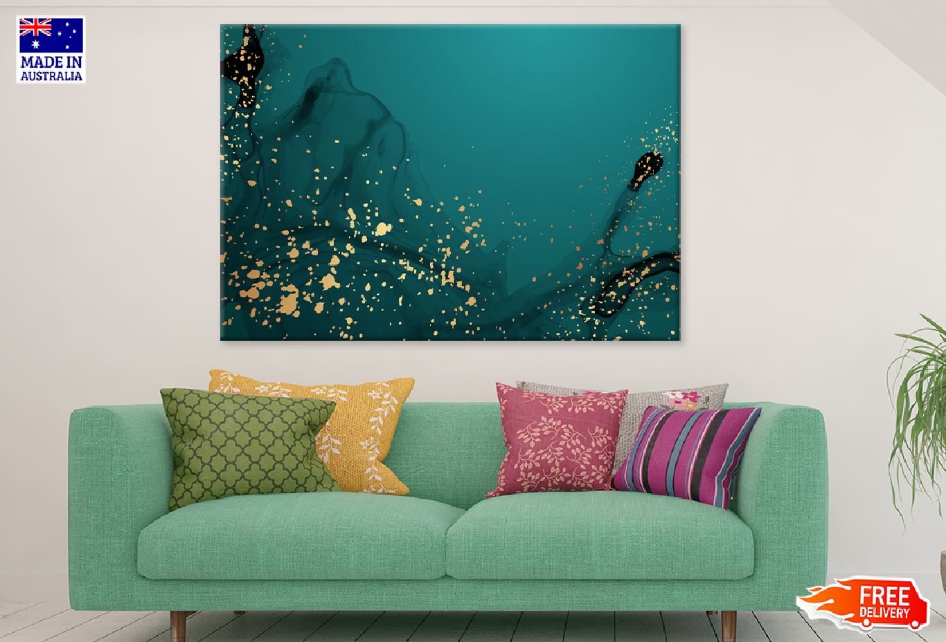 Dark Green & Gold Splash Abstract Design Print 100% Australian Made
