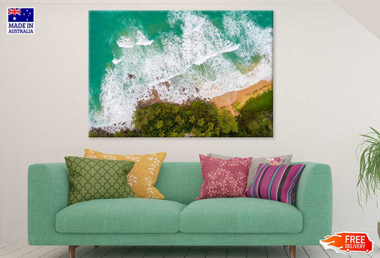 Sea Wave on Rocks & Trees Aerial View Print 100% Australian Made