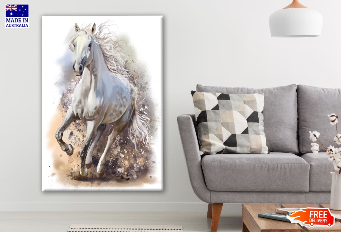 White Horse Running Watercolor Painting Print 100% Australian Made