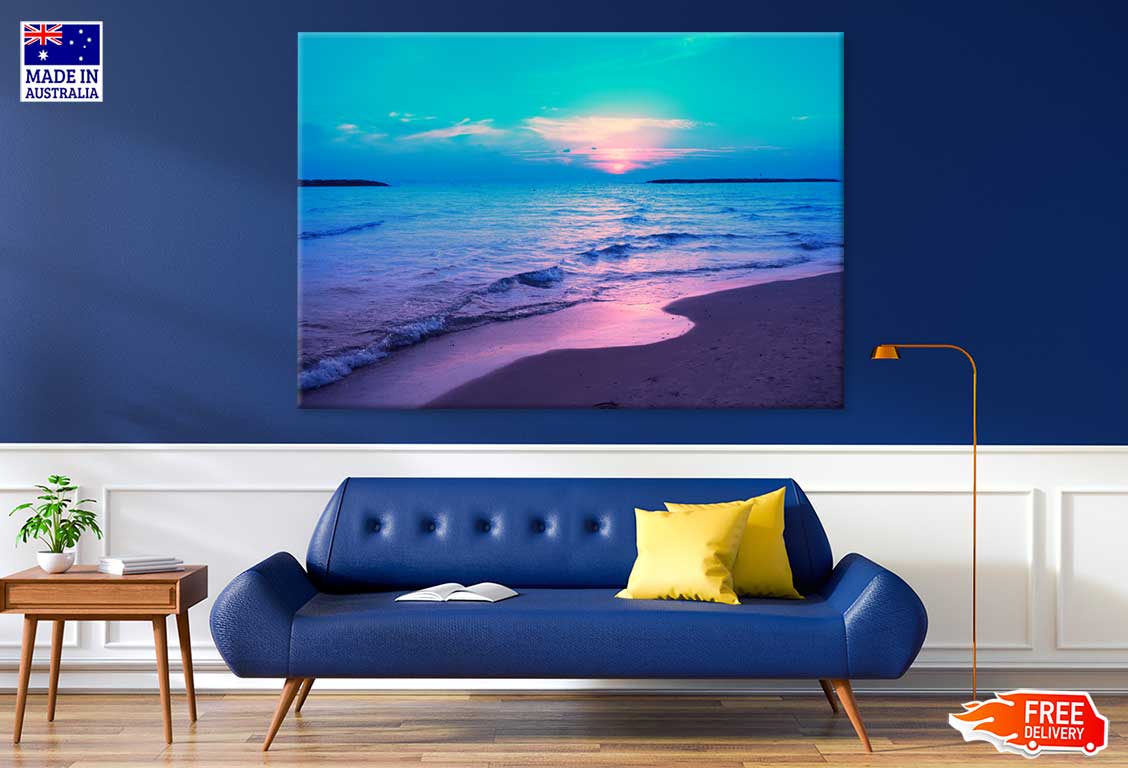 Blue Pink Sunrise on Beach View Photograph Print 100% Australian Made