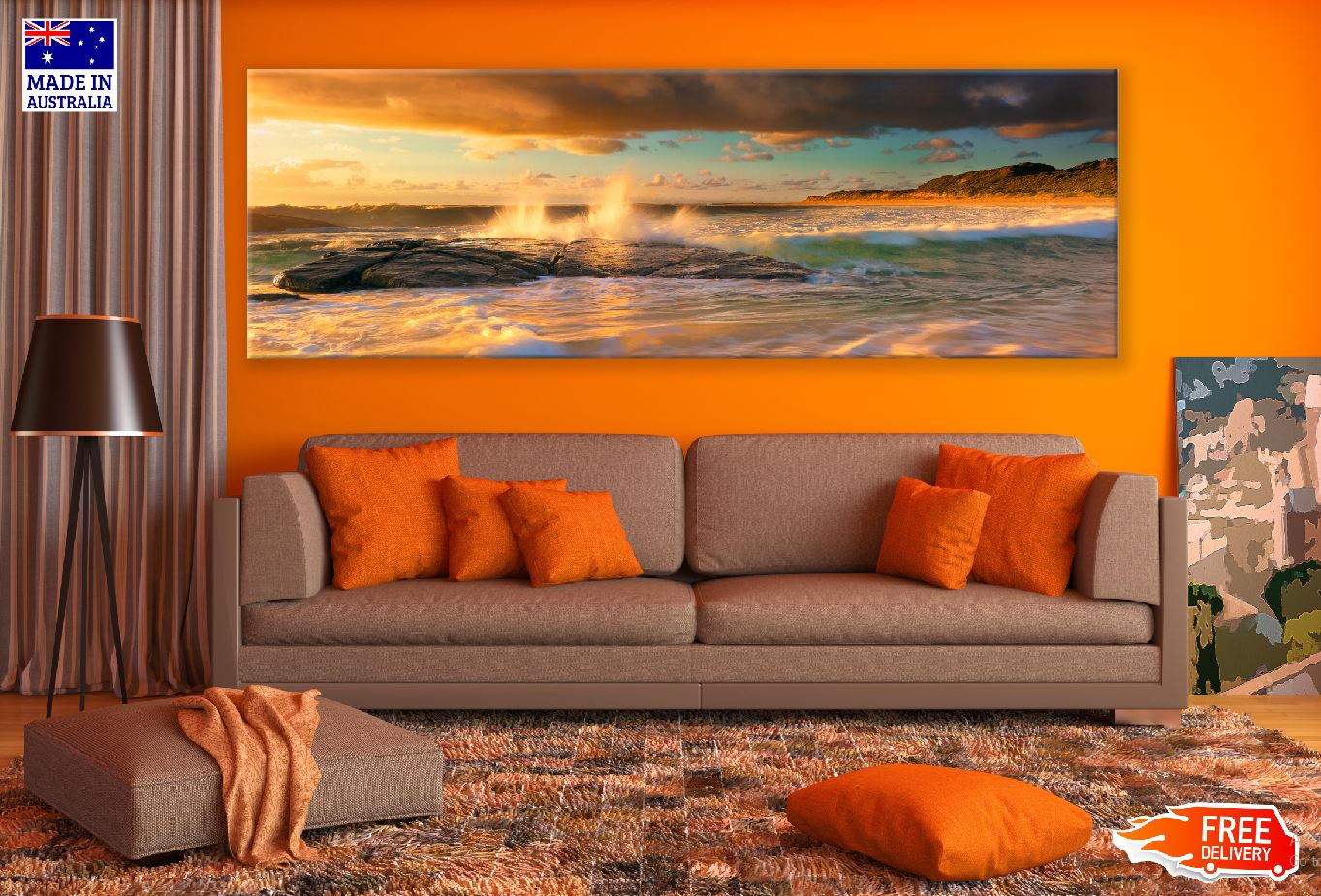 Panoramic Canvas Sea Waves on Rock View Photograph High Quality 100% Australian Made Wall Canvas Print Ready to Hang