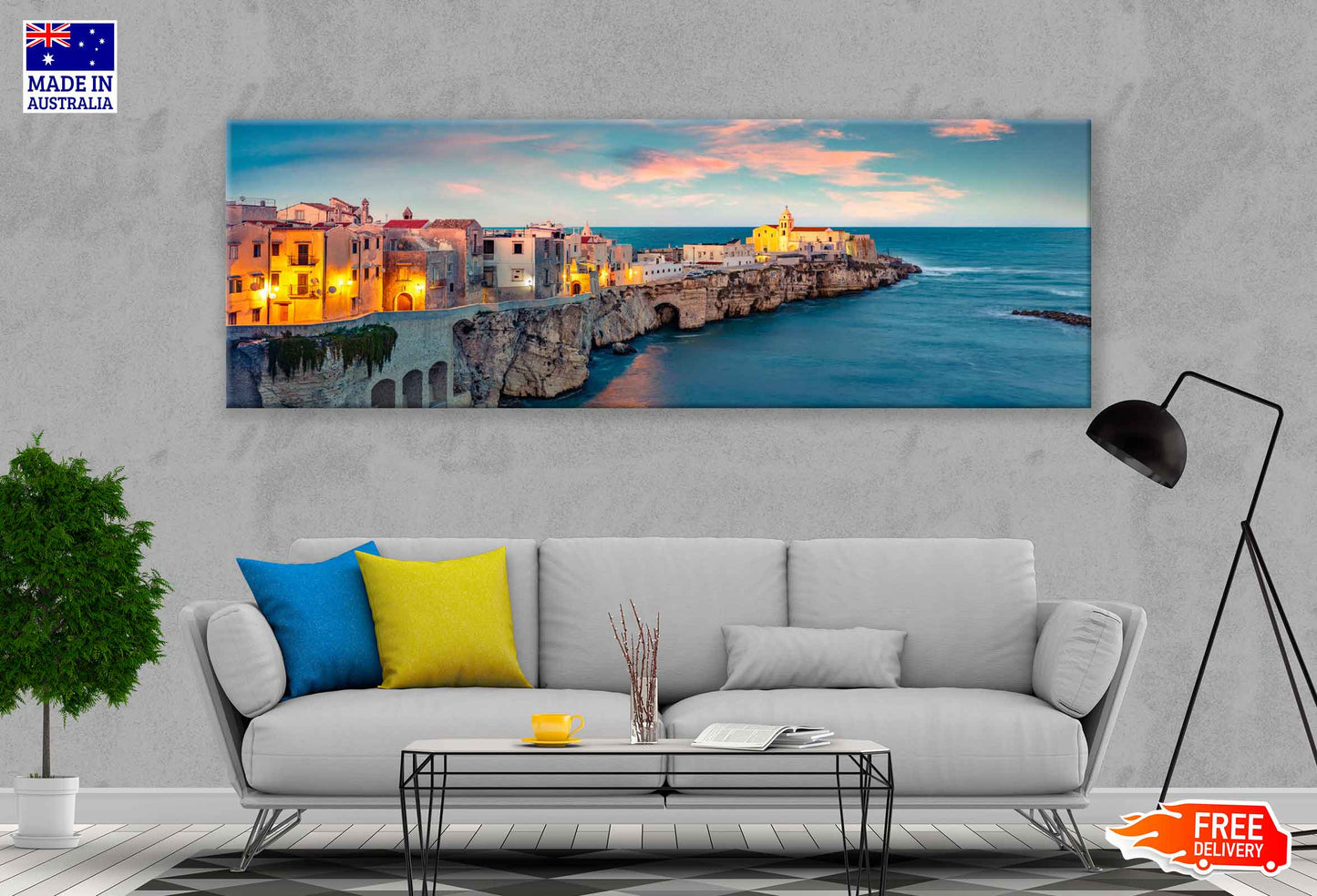 Panoramic Canvas Coastal Vieste Town & Cloudy Sky Photograph High Quality 100% Australian Made Wall Canvas Print Ready to Hang