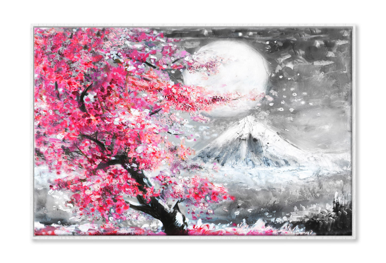 Blossom Pink Trees near Snow Mountain Painting Wall Art Limited Edition High Quality Print Canvas Box Framed White