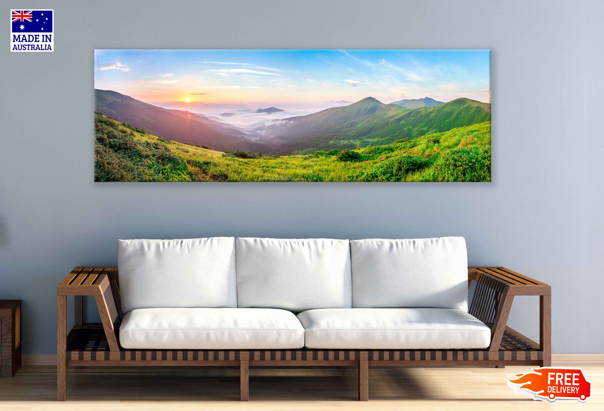 Panoramic Canvas Grass Field Sunrise View Photograph High Quality 100% Australian Made Wall Canvas Print Ready to Hang
