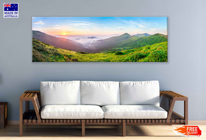 Panoramic Canvas Grass Field Sunrise View Photograph High Quality 100% Australian Made Wall Canvas Print Ready to Hang