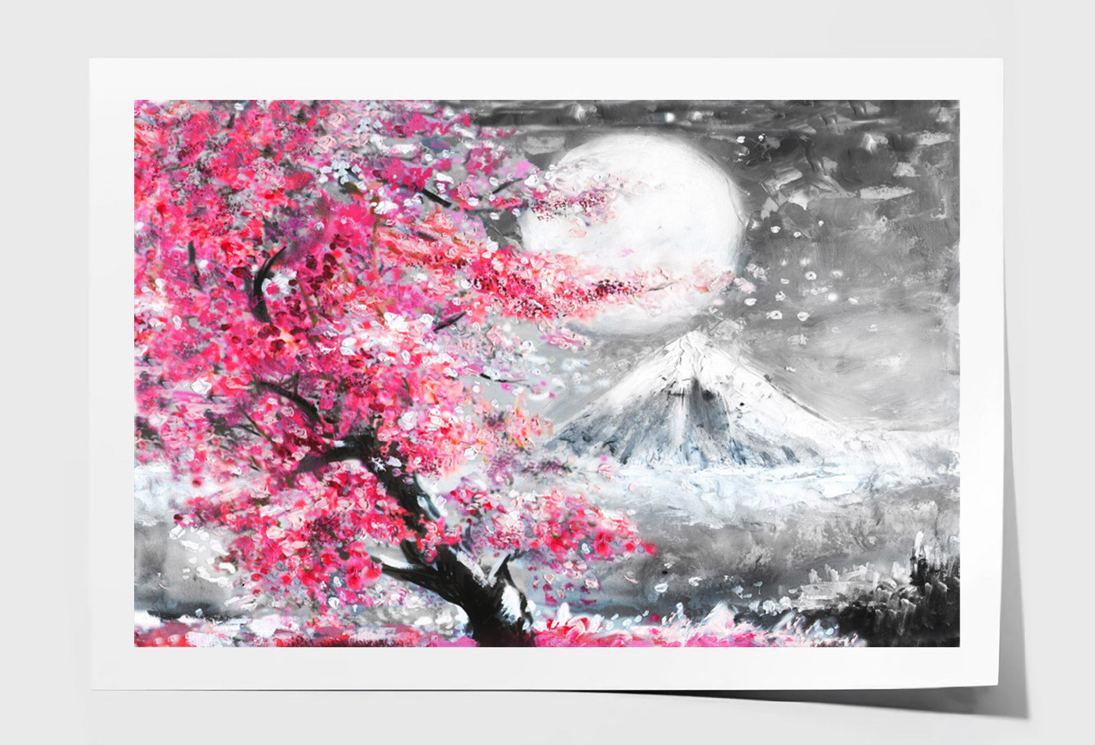 Blossom Pink Trees near Snow Mountain Painting Wall Art Limited Edition High Quality Print Unframed Roll Canvas None