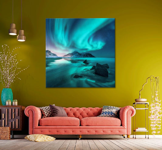 Square Canvas Aurora Sea with Sky Mountains Photograph High Quality Print 100% Australian Made